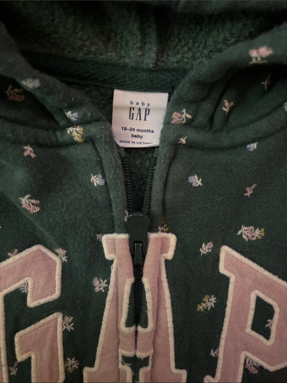 GAP Dark Green Floral Appliqué Zip Hoodie with Pink Logo